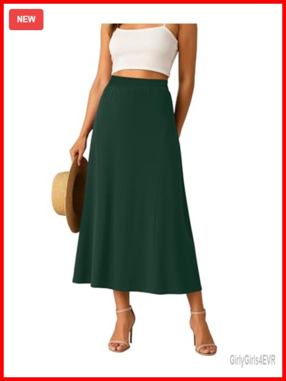 Flowy Midi A-Line Skirt with Elastic High Waist Women's Polyester Spandex